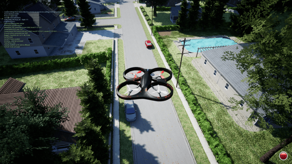AirSim 환경에서 DJI F450 드론을 비행시키는 시뮬레이션 화면